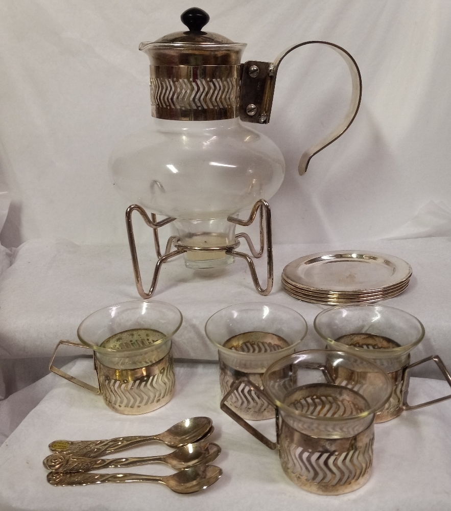 Vintage Coffee Pot, Cups & Saucers Clear Glass & Silver-plated Metal, 16pc Set